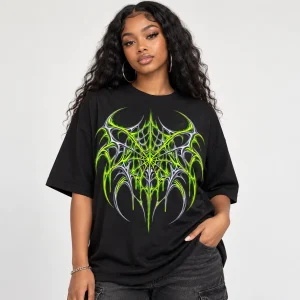 Back view of black oversized Acid Web tee showing large acid green and silver web graphic