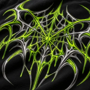 Close-up of Acid Web print showing acid green and silver detail on black cotton fabric