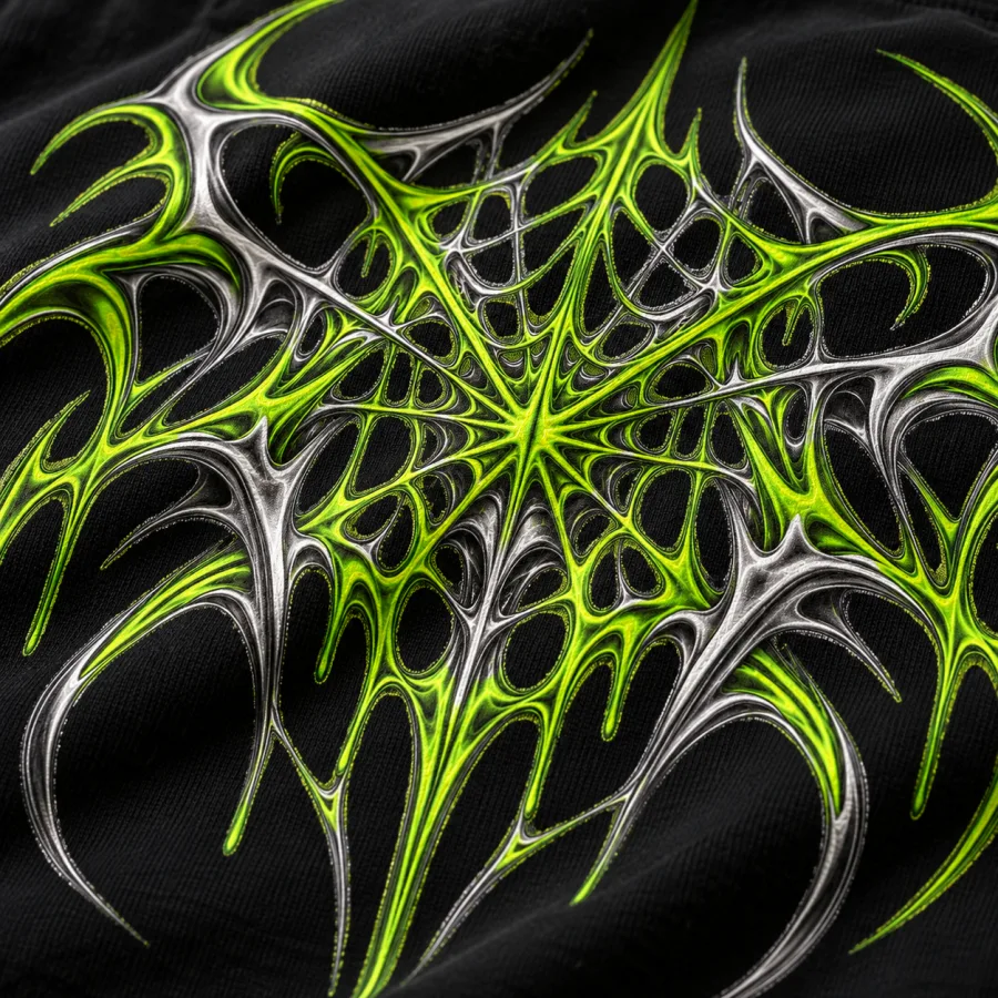 Close-up of Acid Web print showing acid green and silver detail on black cotton fabric
