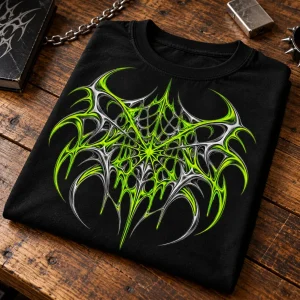 Folded black Acid Web oversized tee with the graphic visible on a wooden table