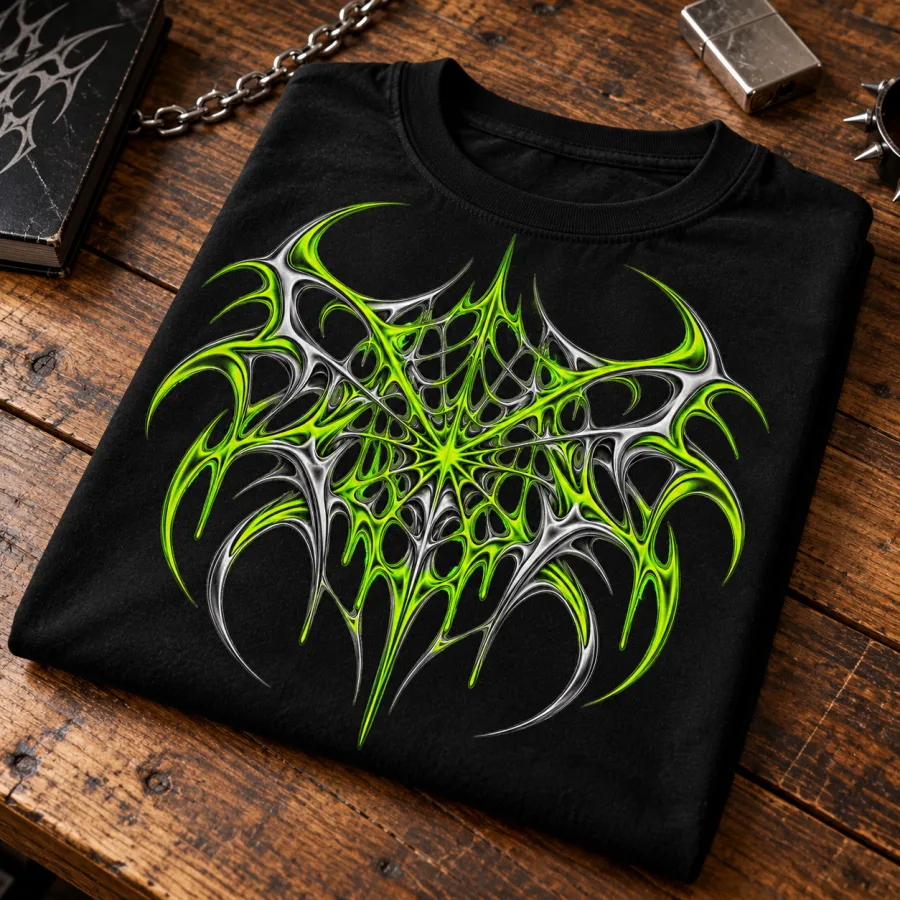 Folded black Acid Web oversized tee with the graphic visible on a wooden table