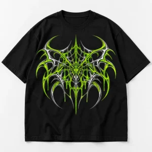 Front flat lay of black oversized Acid Web tee on a clean light surface