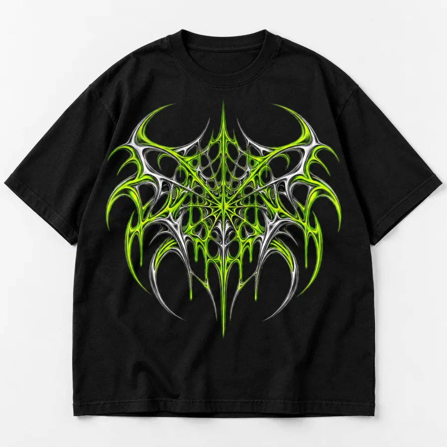 Front flat lay of black oversized Acid Web tee on a clean light surface