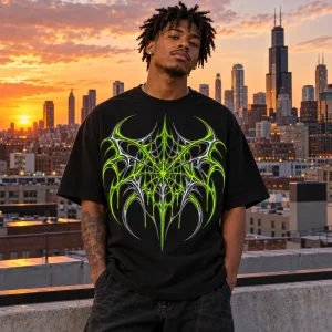 Lifestyle photo of model wearing Acid Web y2k spider web shirt on a Chicago rooftop at sunset