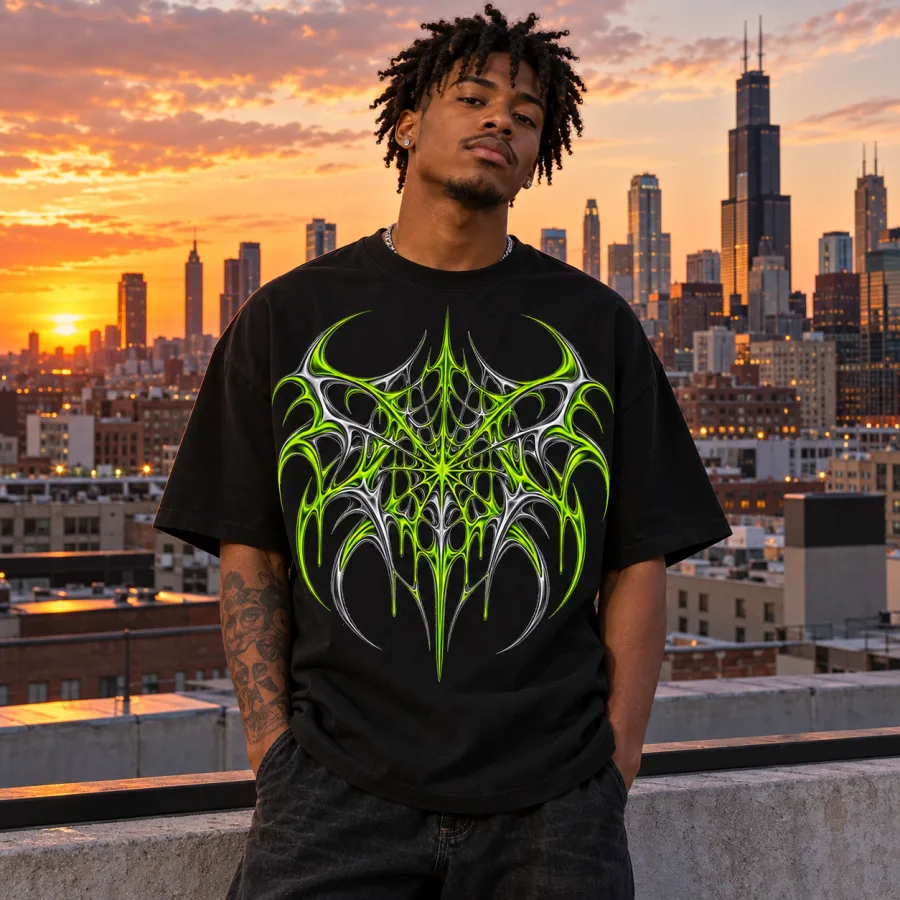 Lifestyle photo of model wearing Acid Web y2k spider web shirt on a Chicago rooftop at sunset