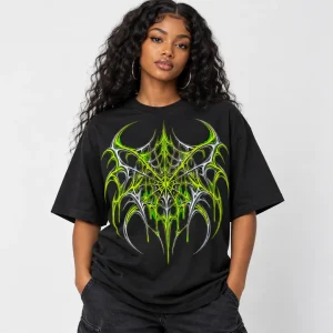 Model wearing black oversized Acid Web y2k spider web shirt with relaxed streetwear fit