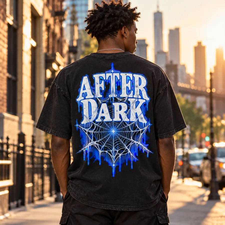Back view of After Dark Web tee showing huge web over AFTER DARK typography