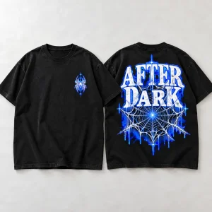 Front flat lay of black After Dark Web oversized tee with tiny chest spider