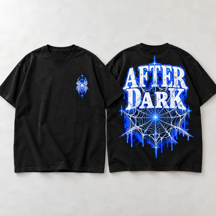 Front flat lay of black After Dark Web oversized tee with tiny chest spider