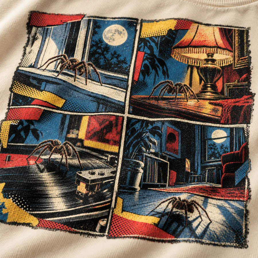 Close-up of After Midnight Comics print showing halftone dots, cotton texture and four spider scenes