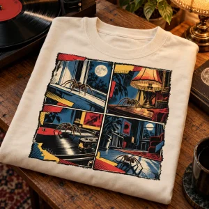 Folded cream oversized vintage spider comic shirt showing the four-panel print on a wooden table