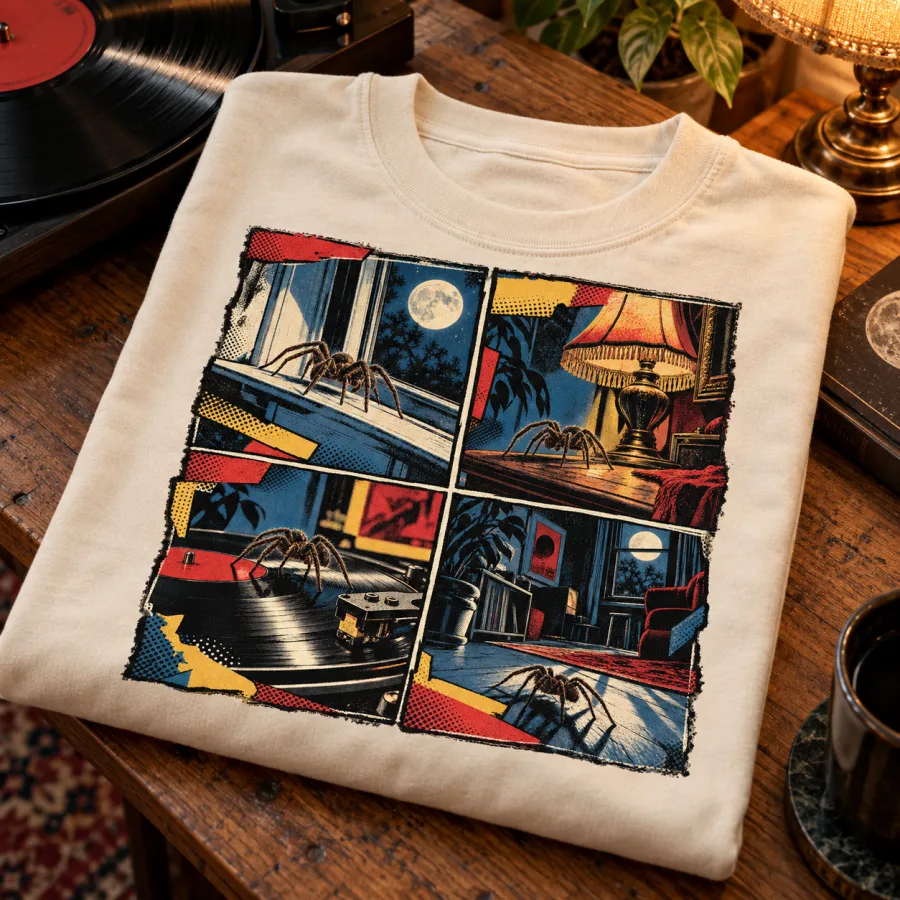 Folded cream oversized vintage spider comic shirt showing the four-panel print on a wooden table