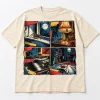 Front flat lay of cream oversized After Midnight Comics vintage spider comic shirt with four-panel spider artwork
