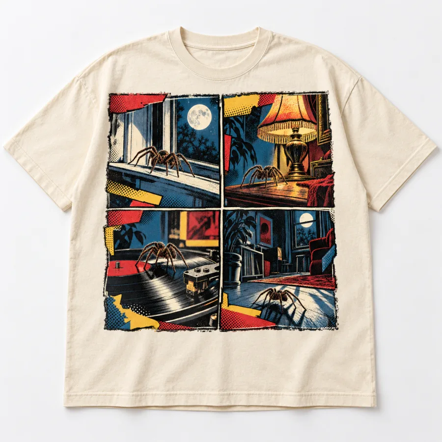 Front flat lay of cream oversized After Midnight Comics vintage spider comic shirt with four-panel spider artwork