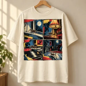 Cream oversized After Midnight Comics spider comic tee hanging on a natural wooden hanger