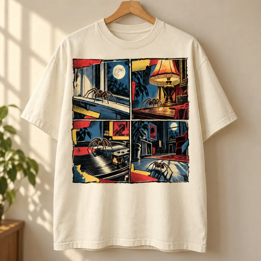 Cream oversized After Midnight Comics spider comic tee hanging on a natural wooden hanger