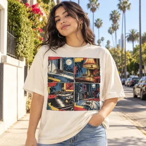 Latina woman wearing cream oversized After Midnight Comics vintage spider comic shirt outdoors in Los Angeles
