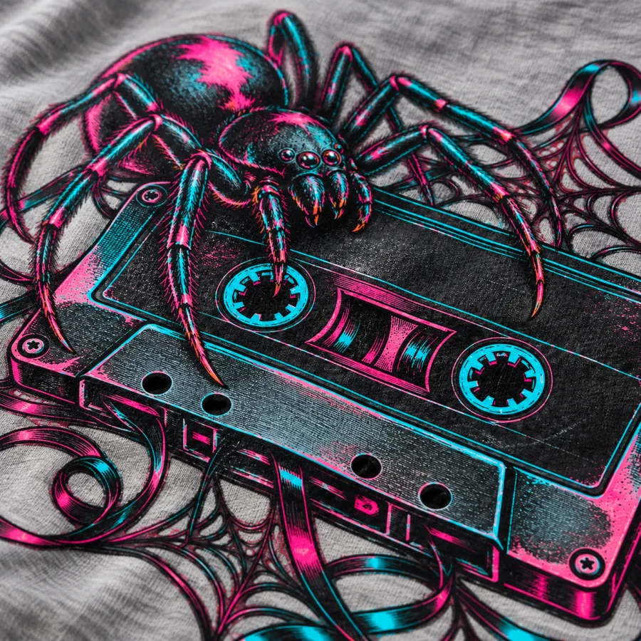Close-up of Analog Spider print showing cassette ribbon web and detailed spider illustration