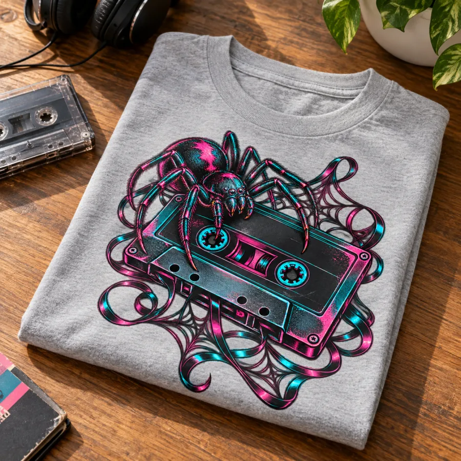 Folded light gray Analog Spider 80s spider shirt showing cassette and spider artwork