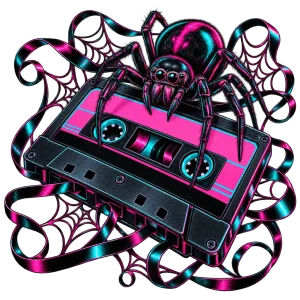 Front flat lay of light gray Analog Spider 80s spider shirt with cassette and spider graphic