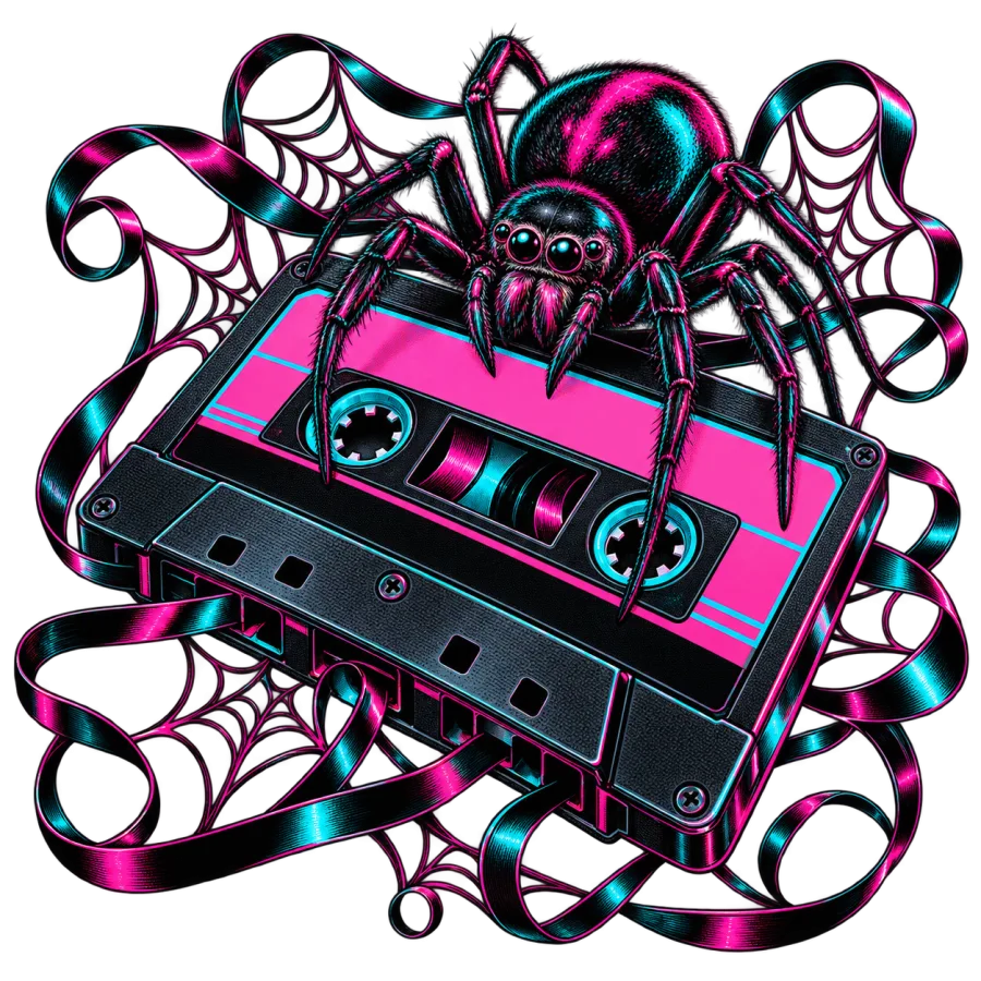 Front flat lay of light gray Analog Spider 80s spider shirt with cassette and spider graphic