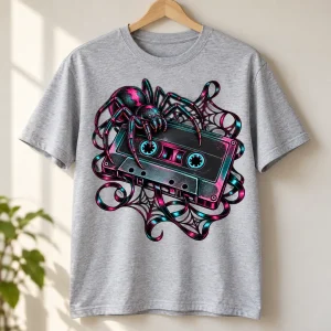 Light gray Analog Spider graphic tee displayed on a natural wooden hanger