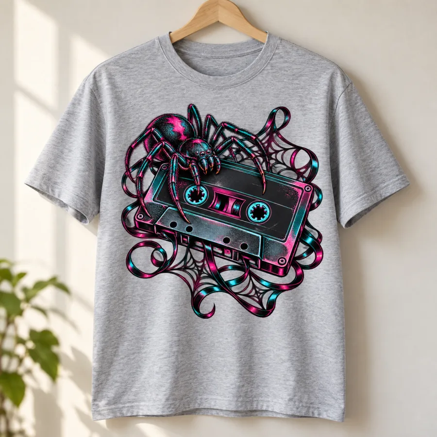 Light gray Analog Spider graphic tee displayed on a natural wooden hanger