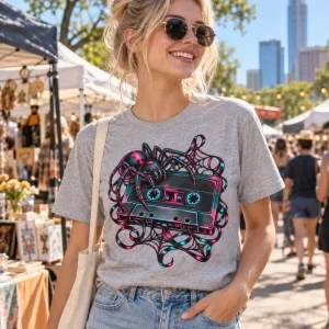 Woman wearing Analog Spider light gray 80s spider shirt at a lively street market