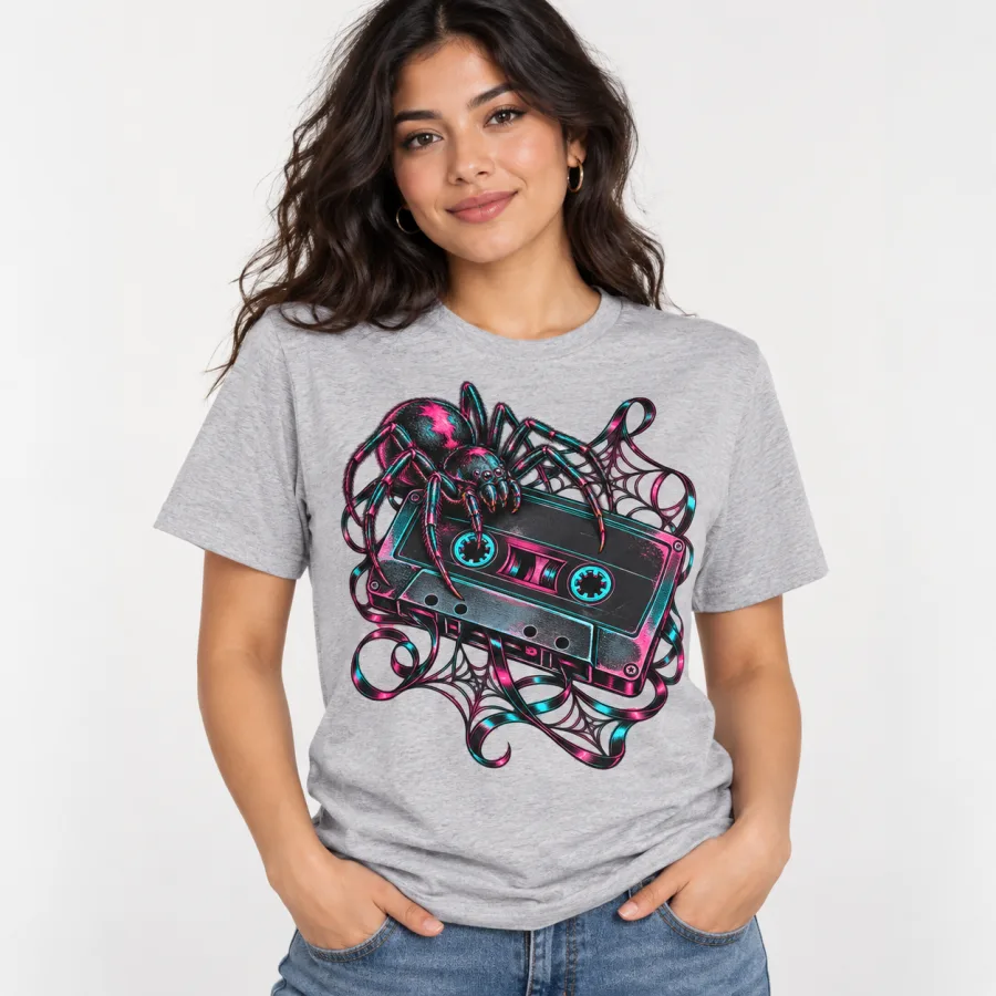 Model wearing light gray Analog Spider 80s spider shirt with black pink and cyan print