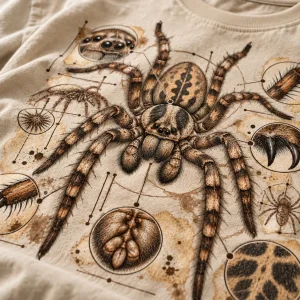Close-up of handwritten-style notes and spider specimen linework on sand cotton