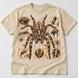 Front flat lay of sand Arachnid Field Notes vintage spider illustration shirt