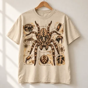 Sand Arachnid Field Notes unisex tee displayed on a wooden hanger