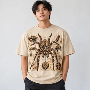 Woman wearing sand Arachnid Field Notes tee with the spider specimen on the chest