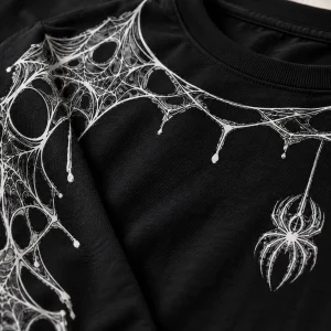 Close-up of white technical orb-web print on black Arm Web System long sleeve shirt fabric