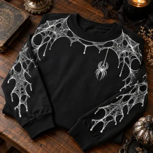 Folded black Arm Web System spider web long sleeve shirt with white web print visible on top