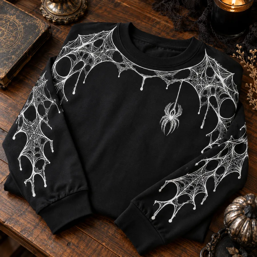 Folded black Arm Web System spider web long sleeve shirt with white web print visible on top