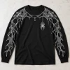 Front flat lay of black Arm Web System spider web long sleeve shirt with white shoulder-to-cuff web print