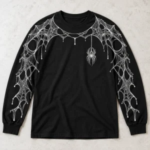 Front flat lay of black Arm Web System spider web long sleeve shirt with white shoulder-to-cuff web print