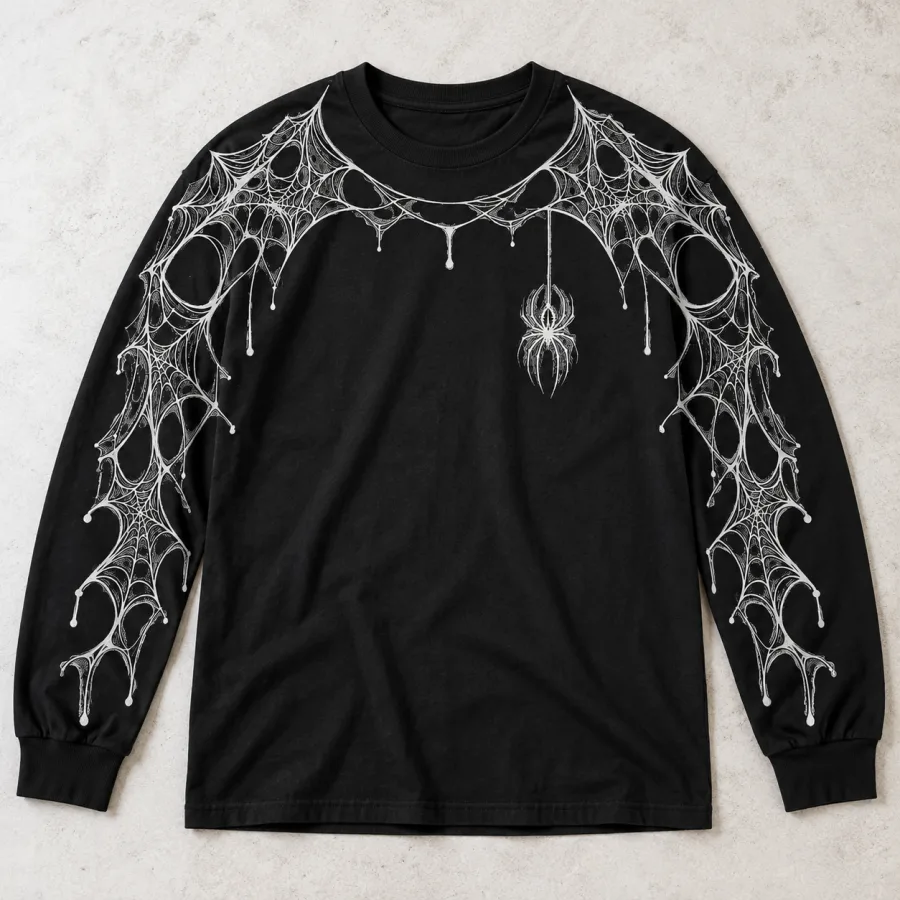 Front flat lay of black Arm Web System spider web long sleeve shirt with white shoulder-to-cuff web print