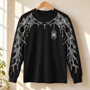 Black Arm Web System spider web long sleeve shirt displayed on a natural wooden hanger