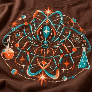 Close-up of Atomic Spider Lab retro spider graphic tee print showing turquoise orange cream inks and brown cotton texture