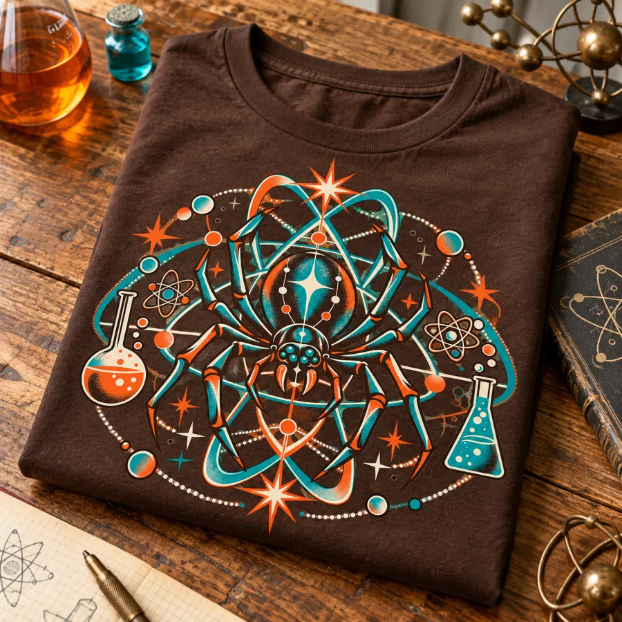 Folded Brown Atomic Spider Lab retro spider graphic tee showing colorful spider laboratory artwork on a wooden table