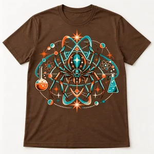 Front flat lay of Brown Unisex Atomic Spider Lab retro spider graphic tee with turquoise orange and cream science artwork