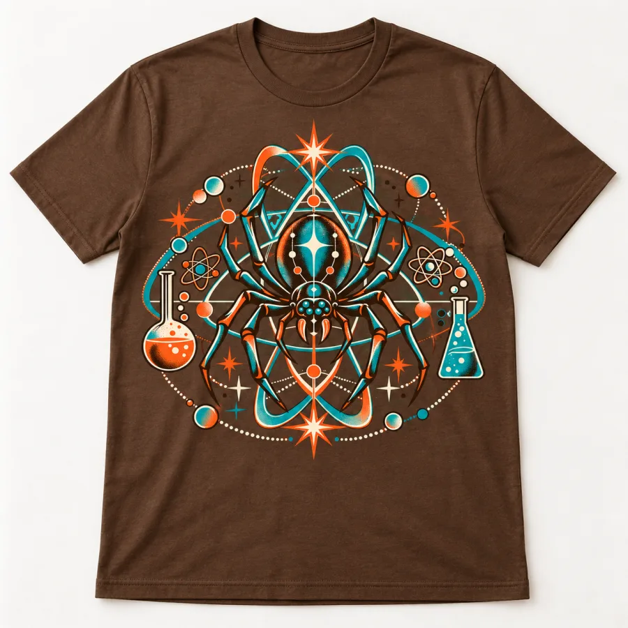 Front flat lay of Brown Unisex Atomic Spider Lab retro spider graphic tee with turquoise orange and cream science artwork