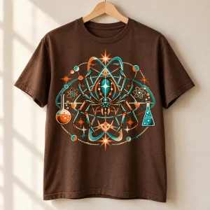 Brown Atomic Spider Lab retro spider graphic tee hanging on a natural wooden hanger against a light wall