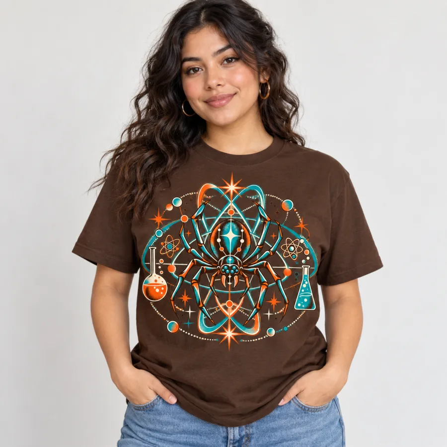 Woman wearing Brown Unisex Atomic Spider Lab retro spider graphic tee with large colorful spider and atomic ring print