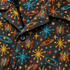 Close-up of Atomic Spider Repeat print showing geometric spiders starbursts orbit rings and charcoal fabric texture