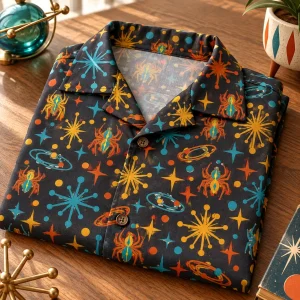 Folded charcoal Atomic Spider Repeat retro spider button up shirt showing camp collar and atomic print