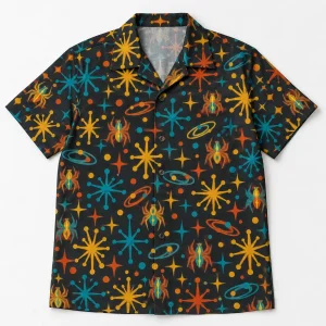Front flat lay of charcoal Atomic Spider Repeat retro spider button up shirt with mustard turquoise and rust atomic print
