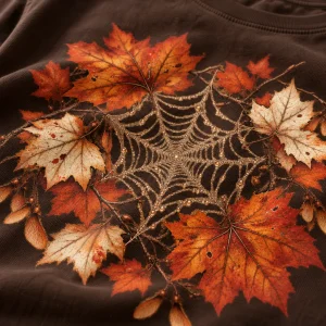 Close-up of maple leaf veins and cream web strands on dark brown cotton